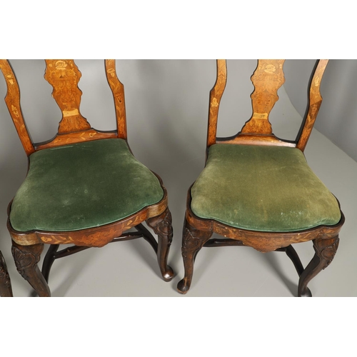 1243 - A SET OF SIX STYLE DUTCH WALNUT MARQUETRY DINING CHAIRS. in the mid-18th century style, each scroll ... 