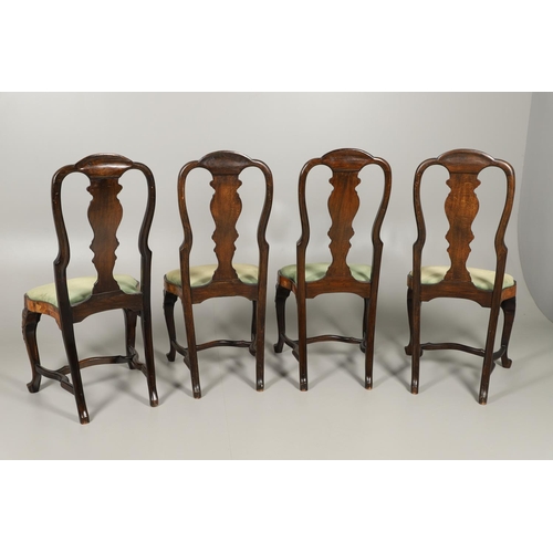 1243 - A SET OF SIX STYLE DUTCH WALNUT MARQUETRY DINING CHAIRS. in the mid-18th century style, each scroll ... 