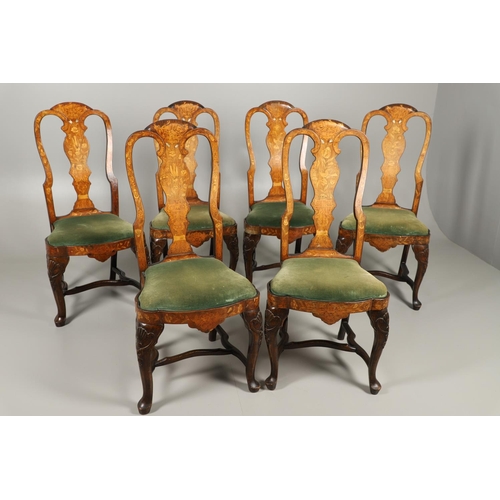 1243 - A SET OF SIX STYLE DUTCH WALNUT MARQUETRY DINING CHAIRS. in the mid-18th century style, each scroll ... 