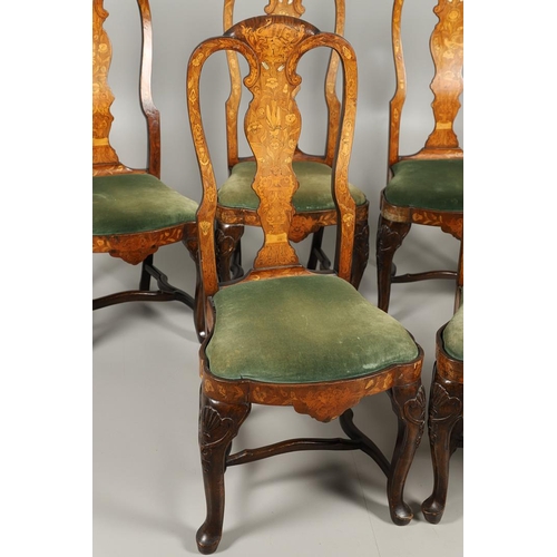 1243 - A SET OF SIX STYLE DUTCH WALNUT MARQUETRY DINING CHAIRS. in the mid-18th century style, each scroll ... 