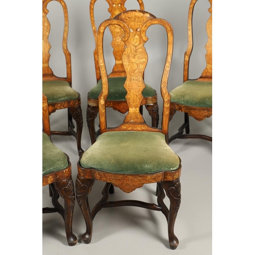 1243 - A SET OF SIX STYLE DUTCH WALNUT MARQUETRY DINING CHAIRS. in the mid-18th century style, each scroll ... 