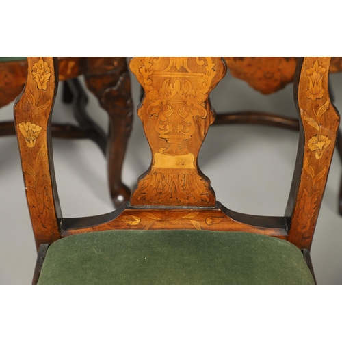 1243 - A SET OF SIX STYLE DUTCH WALNUT MARQUETRY DINING CHAIRS. in the mid-18th century style, each scroll ... 