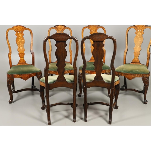 1243 - A SET OF SIX STYLE DUTCH WALNUT MARQUETRY DINING CHAIRS. in the mid-18th century style, each scroll ... 