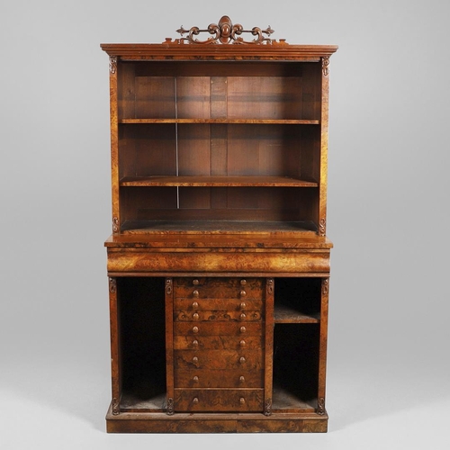 1244 - A 19TH CENTURY WALNUT WELLINGTON CHEST BOOKCASE. the open shelved top section with carved scrolling ... 