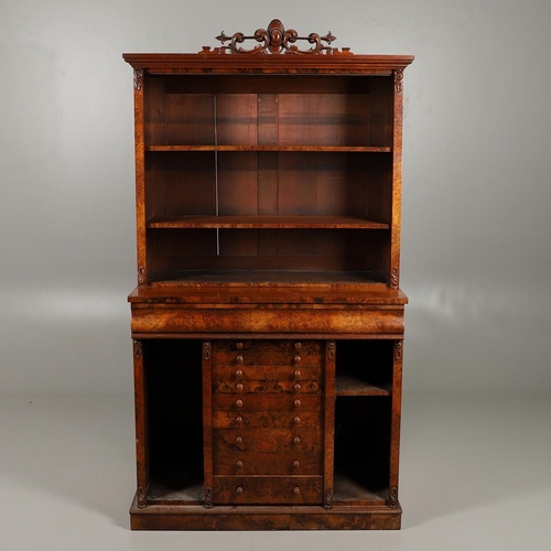 1244 - A 19TH CENTURY WALNUT WELLINGTON CHEST BOOKCASE. the open shelved top section with carved scrolling ... 