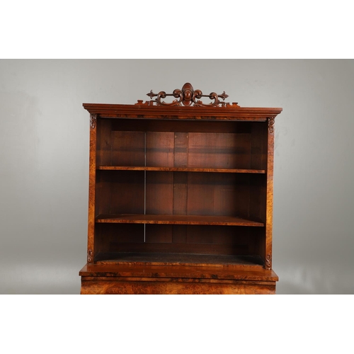 1244 - A 19TH CENTURY WALNUT WELLINGTON CHEST BOOKCASE. the open shelved top section with carved scrolling ... 