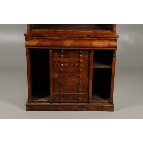 1244 - A 19TH CENTURY WALNUT WELLINGTON CHEST BOOKCASE. the open shelved top section with carved scrolling ... 