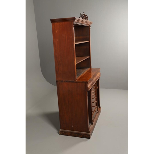 1244 - A 19TH CENTURY WALNUT WELLINGTON CHEST BOOKCASE. the open shelved top section with carved scrolling ... 