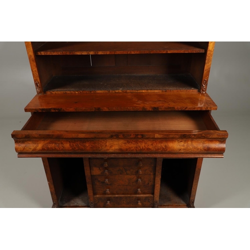 1244 - A 19TH CENTURY WALNUT WELLINGTON CHEST BOOKCASE. the open shelved top section with carved scrolling ... 