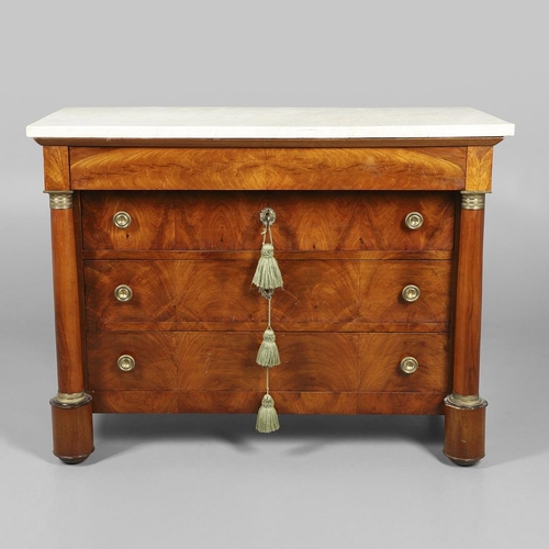 1245 - A 19TH CENTURY EMPIRE STYLE MAHOGANY COMMODE. with a light grey marble top over four long drawers, f... 