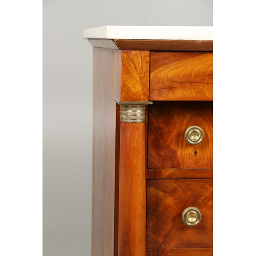 1245 - A 19TH CENTURY EMPIRE STYLE MAHOGANY COMMODE. with a light grey marble top over four long drawers, f... 