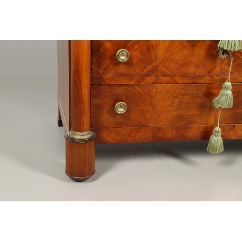 1245 - A 19TH CENTURY EMPIRE STYLE MAHOGANY COMMODE. with a light grey marble top over four long drawers, f... 