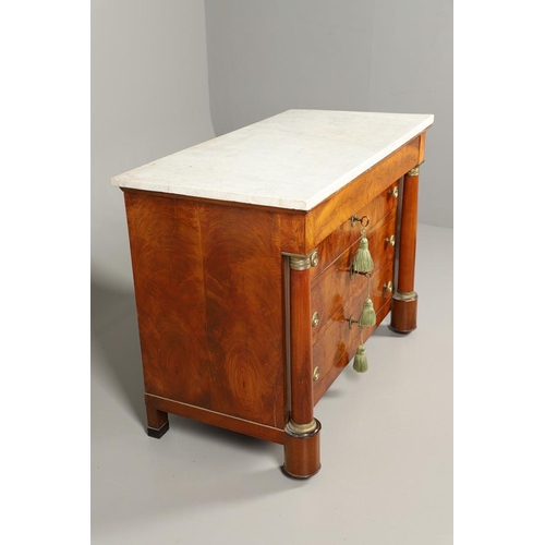 1245 - A 19TH CENTURY EMPIRE STYLE MAHOGANY COMMODE. with a light grey marble top over four long drawers, f... 