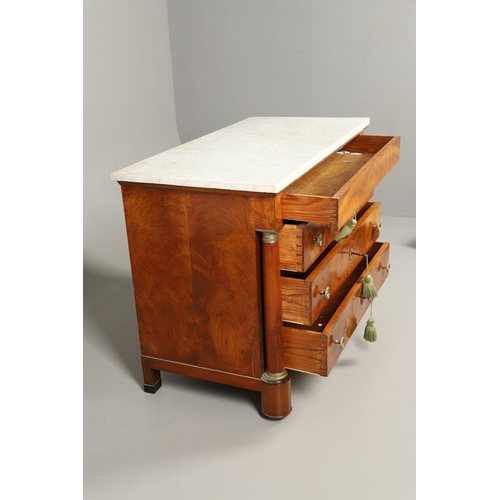 1245 - A 19TH CENTURY EMPIRE STYLE MAHOGANY COMMODE. with a light grey marble top over four long drawers, f... 