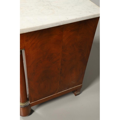 1245 - A 19TH CENTURY EMPIRE STYLE MAHOGANY COMMODE. with a light grey marble top over four long drawers, f... 