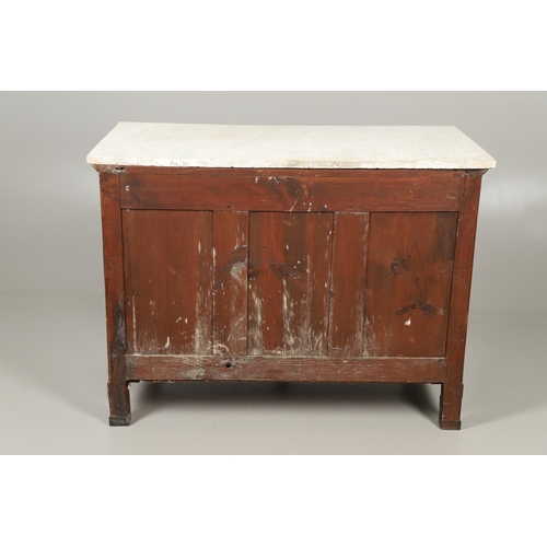 1245 - A 19TH CENTURY EMPIRE STYLE MAHOGANY COMMODE. with a light grey marble top over four long drawers, f... 