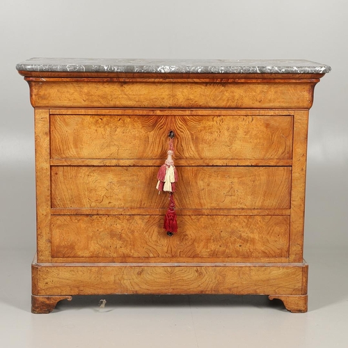 1247 - A 19TH CENTURY CONTINENTAL POLLARD OAK COMMODE. with grey marble top over four long drawers, upon br... 