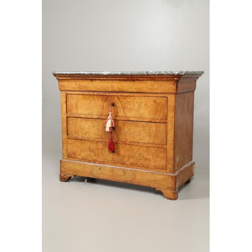 1247 - A 19TH CENTURY CONTINENTAL POLLARD OAK COMMODE. with grey marble top over four long drawers, upon br... 