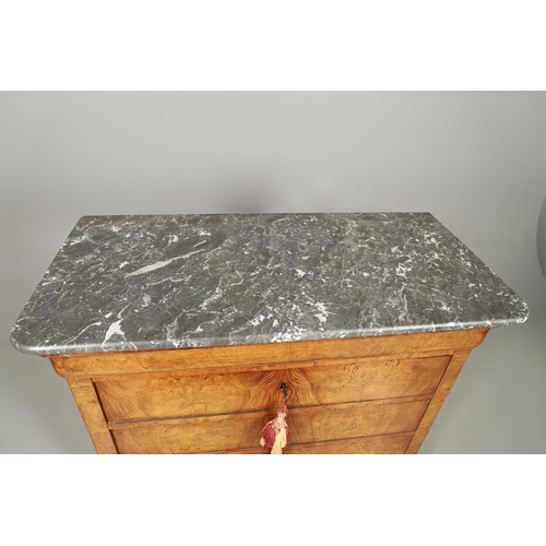 1247 - A 19TH CENTURY CONTINENTAL POLLARD OAK COMMODE. with grey marble top over four long drawers, upon br... 