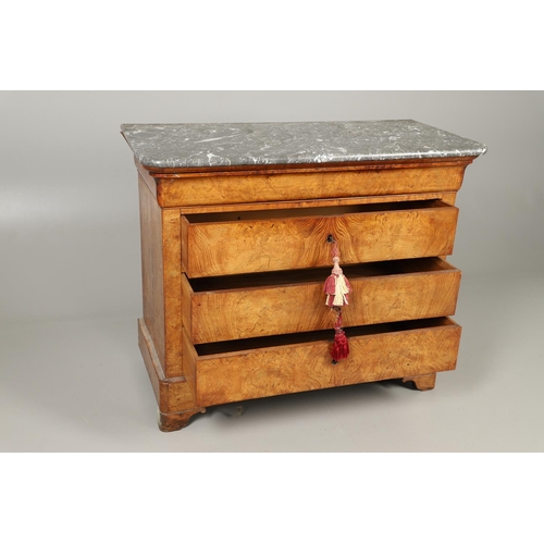 1247 - A 19TH CENTURY CONTINENTAL POLLARD OAK COMMODE. with grey marble top over four long drawers, upon br... 