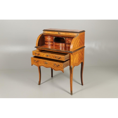 1248 - A 20TH CENTURY FRENCH LADIES BUREAU. the cylinder top marquetry flowers enclosing a fitted interior ... 