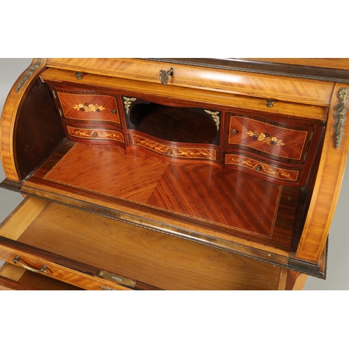 1248 - A 20TH CENTURY FRENCH LADIES BUREAU. the cylinder top marquetry flowers enclosing a fitted interior ... 