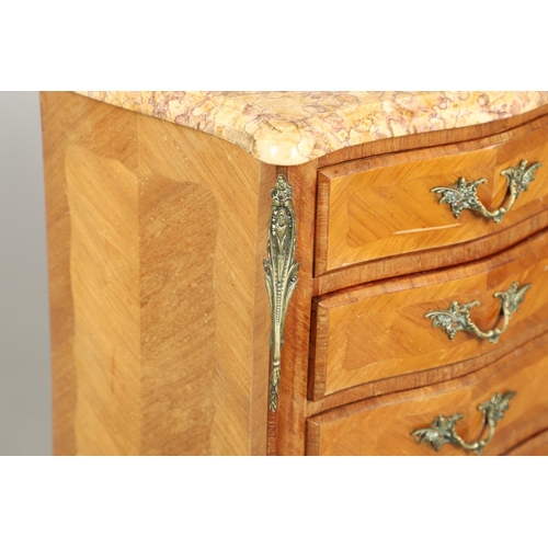 1249 - A 20TH CENTURY FRENCH NARROW CHEST OF DRAWERS. the serpentine marble top above five parquetry drawer... 