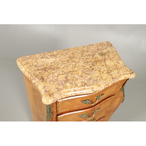 1249 - A 20TH CENTURY FRENCH NARROW CHEST OF DRAWERS. the serpentine marble top above five parquetry drawer... 