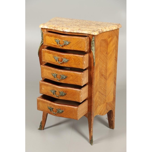 1249 - A 20TH CENTURY FRENCH NARROW CHEST OF DRAWERS. the serpentine marble top above five parquetry drawer... 