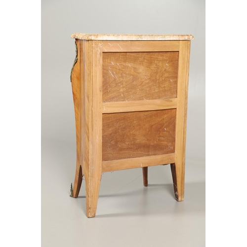 1249 - A 20TH CENTURY FRENCH NARROW CHEST OF DRAWERS. the serpentine marble top above five parquetry drawer... 