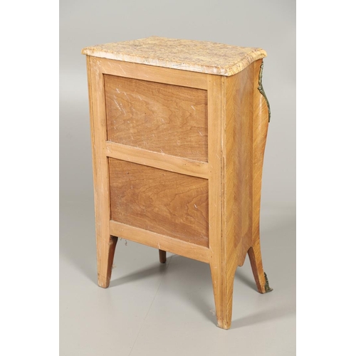 1249 - A 20TH CENTURY FRENCH NARROW CHEST OF DRAWERS. the serpentine marble top above five parquetry drawer... 