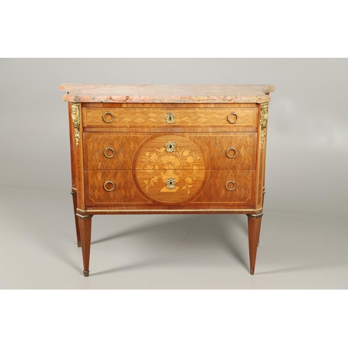 1250 - A 20TH CENTURY FRENCH PARQUETRY COMMODE. the shaped pink marble top to concave sides and  three draw... 