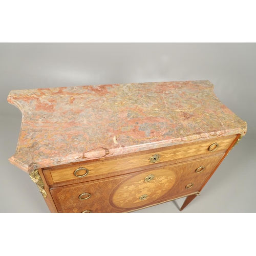 1250 - A 20TH CENTURY FRENCH PARQUETRY COMMODE. the shaped pink marble top to concave sides and  three draw... 