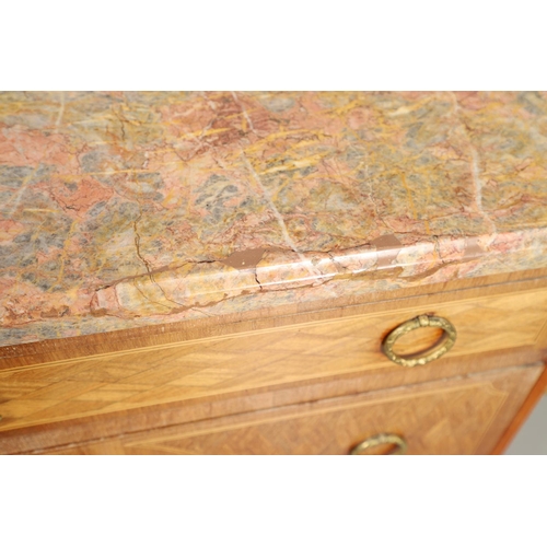 1250 - A 20TH CENTURY FRENCH PARQUETRY COMMODE. the shaped pink marble top to concave sides and  three draw... 