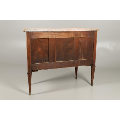 1250 - A 20TH CENTURY FRENCH PARQUETRY COMMODE. the shaped pink marble top to concave sides and  three draw... 