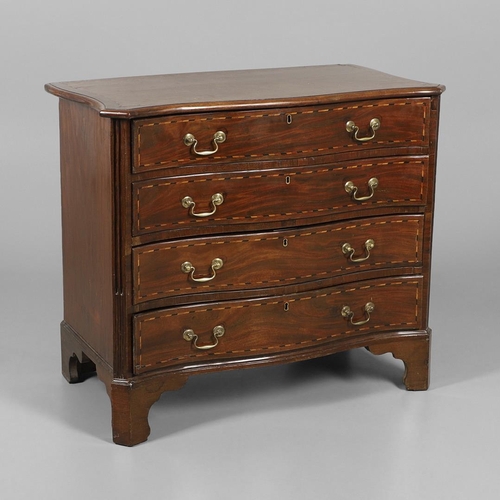 1259 - A GEORGE III INLAID MAHOGANY SERPENTINE CHEST OF DRAWERS. with four graduated drawers and recurring ... 