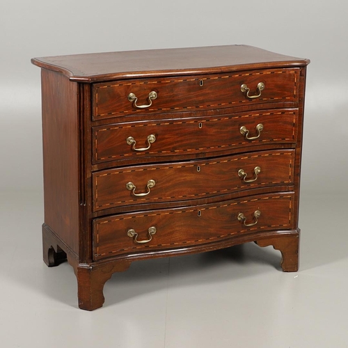 1259 - A GEORGE III INLAID MAHOGANY SERPENTINE CHEST OF DRAWERS. with four graduated drawers and recurring ... 