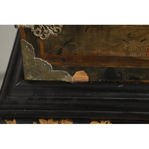 1268 - A CHINESE BLACK LACQUERED EXPORT CABINET. brass mounted, the cupboard doors and sides decorated with... 