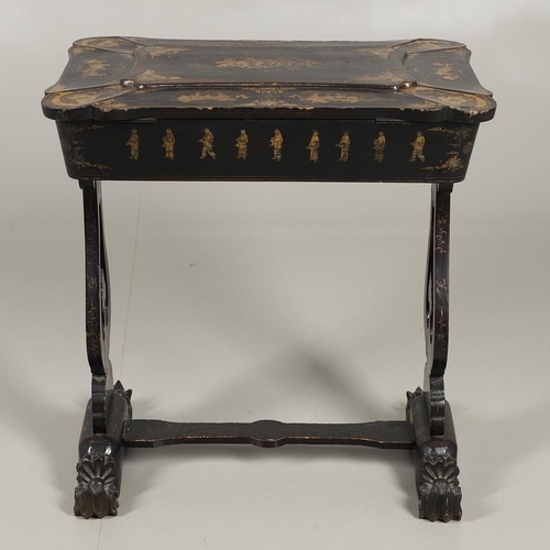 1269 - A CHINESE EXPORT LACQUERED WORK TABLE. the shaped lid with gilt Chinoiserie decoration of figures in... 