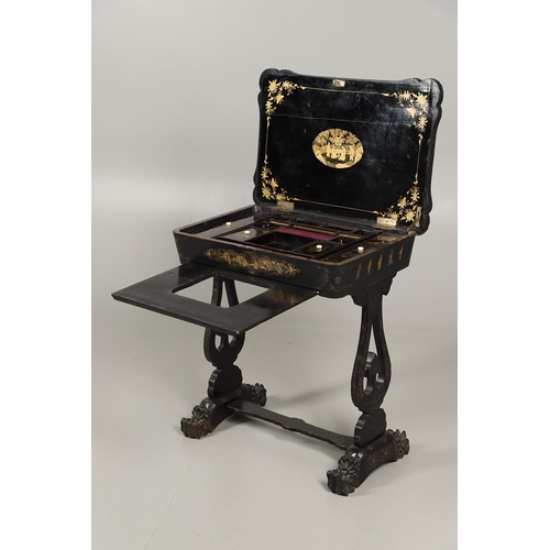 1269 - A CHINESE EXPORT LACQUERED WORK TABLE. the shaped lid with gilt Chinoiserie decoration of figures in... 