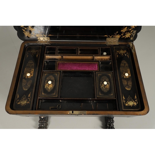 1269 - A CHINESE EXPORT LACQUERED WORK TABLE. the shaped lid with gilt Chinoiserie decoration of figures in... 