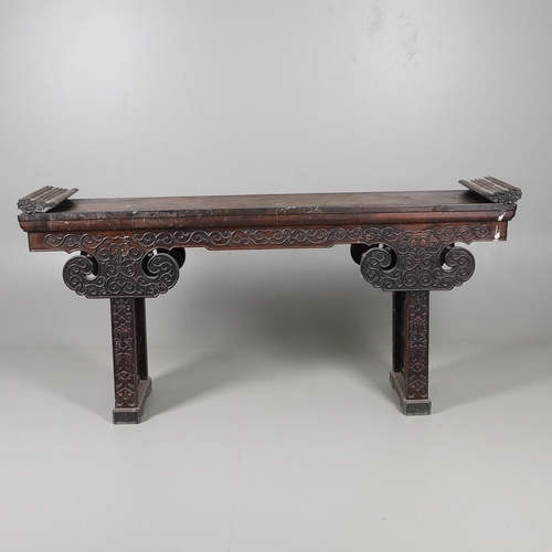 1270 - A CHINESE CARVED HARDWOOD ALTAR TABLE. 19th century, the rectangular top with detachable 'wings', th... 