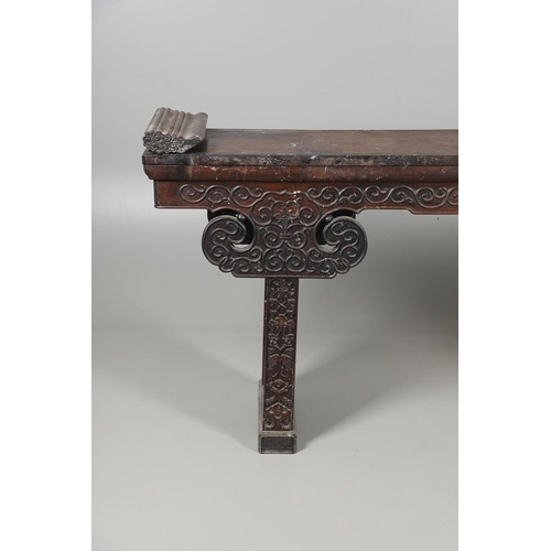 1270 - A CHINESE CARVED HARDWOOD ALTAR TABLE. 19th century, the rectangular top with detachable 'wings', th... 