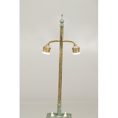 1271 - A PAIR OF CHINESE STYLE ARCHAIC BRONZE TABLE LAMPS. 20th century, with green painted 'patinated' fin... 