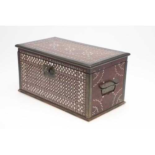 1275 - A MIDDLE EASTERN MOTHER OF PEARL INLAID HARDWOOD BOX. early 20th century, the hinged lid enclosing a... 