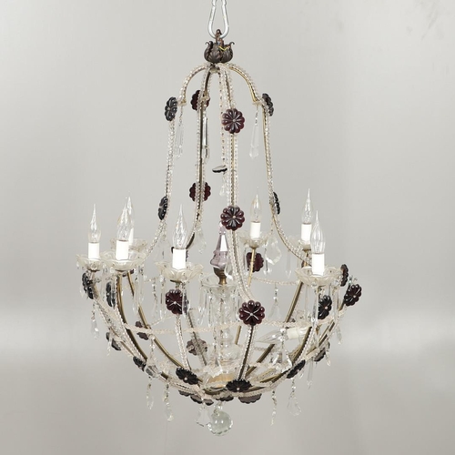 1278 - A 20TH CENTURY SIX BRANCH CUT GLASS CHANDELIER. with beaded swags, lustre drops and amethyst flower ... 