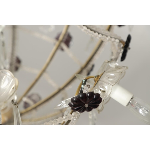 1278 - A 20TH CENTURY SIX BRANCH CUT GLASS CHANDELIER. with beaded swags, lustre drops and amethyst flower ... 