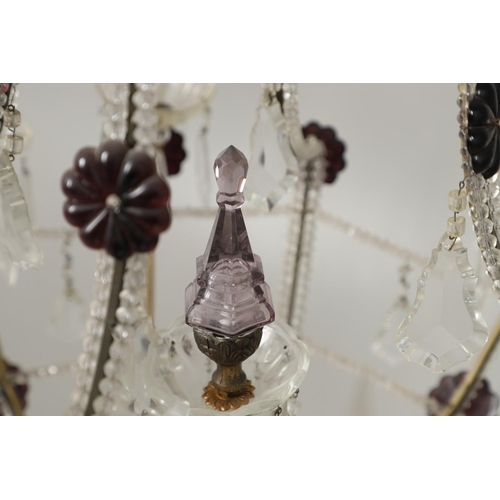 1278 - A 20TH CENTURY SIX BRANCH CUT GLASS CHANDELIER. with beaded swags, lustre drops and amethyst flower ... 