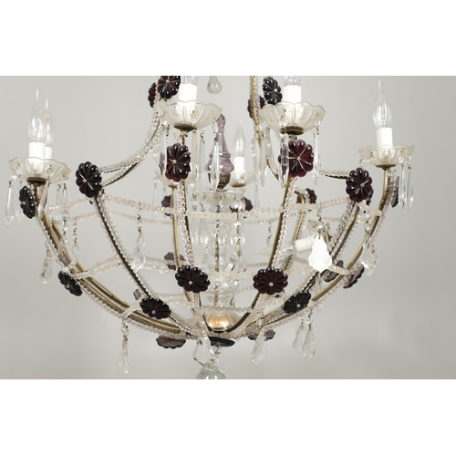 1278 - A 20TH CENTURY SIX BRANCH CUT GLASS CHANDELIER. with beaded swags, lustre drops and amethyst flower ... 