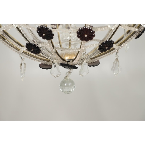 1278 - A 20TH CENTURY SIX BRANCH CUT GLASS CHANDELIER. with beaded swags, lustre drops and amethyst flower ... 